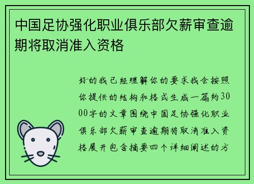 中国足协强化职业俱乐部欠薪审查逾期将取消准入资格